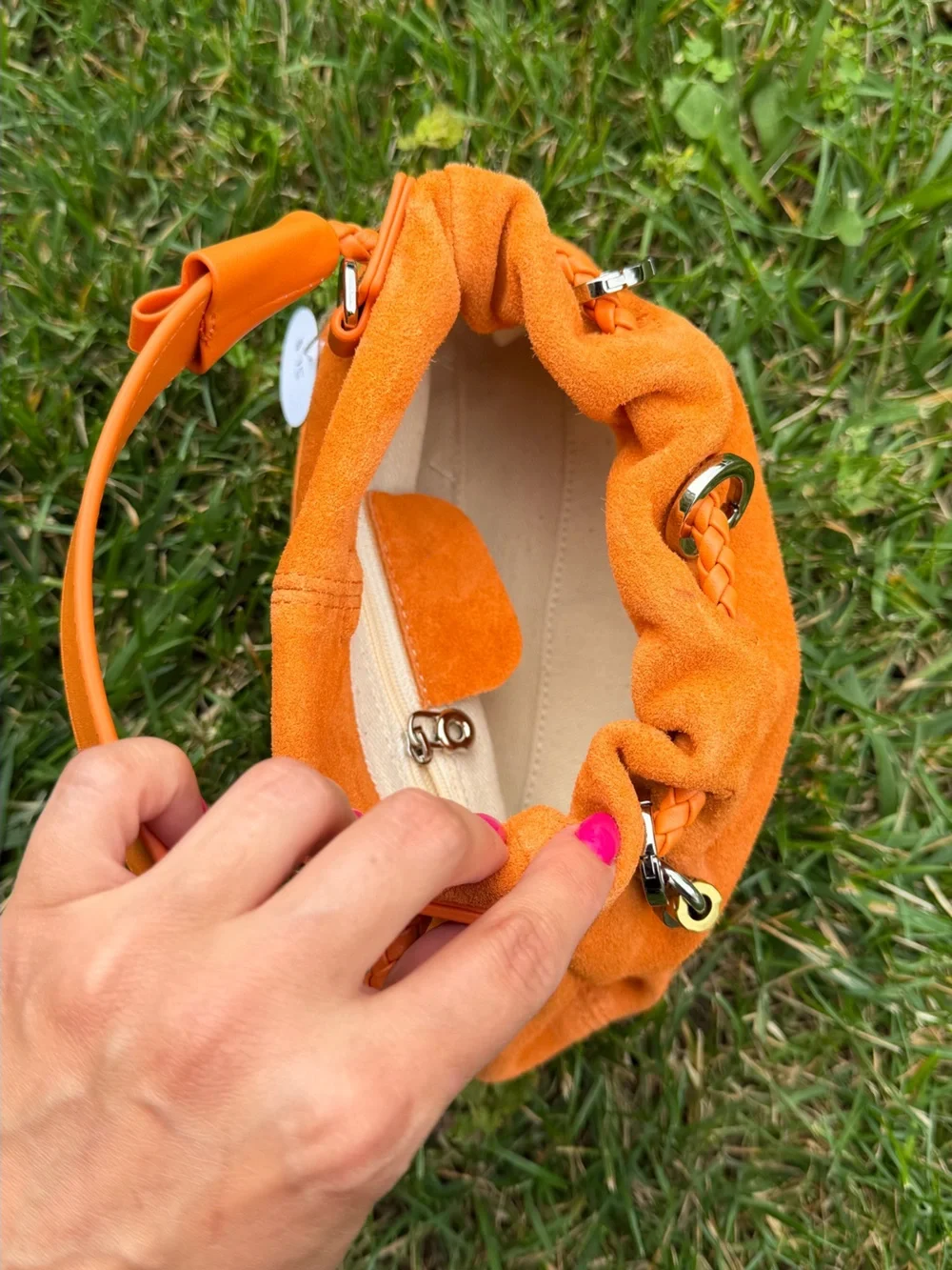 Orange Suede Bucket Bag Drawstring Crossbody Dumpling Cloud Pouch NWT